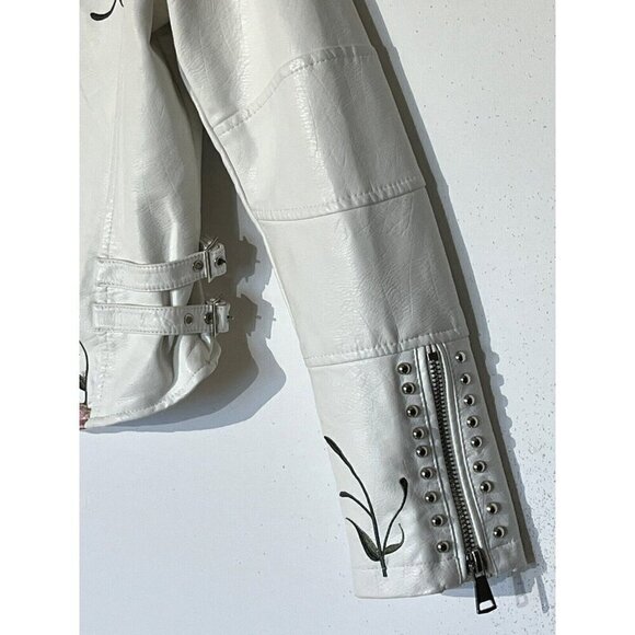 Faux Vegan Leather White Floral Embroidered Studded Zip Biker Moto Jacket - Picture 9 of 14